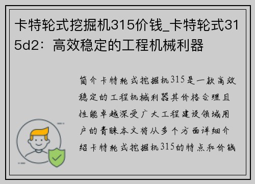 卡特轮式挖掘机315价钱_卡特轮式315d2：高效稳定的工程机械利器