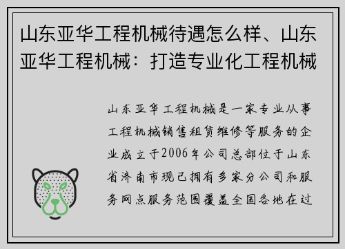 山东亚华工程机械待遇怎么样、山东亚华工程机械：打造专业化工程机械服务平台